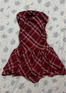 Red Plaid Strapless tube Mini Dress