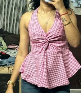 Chic Pink Gingham Twist Front Top