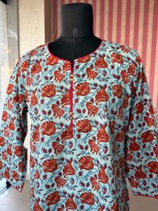 Light Blue Kurta with Red Floral Print