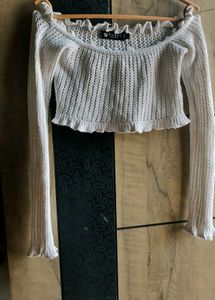 White Off-Shoulder Cropped Knit Top