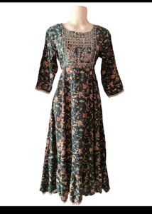 Elegant Floral Printed Anarkali Maxi Dress with Em