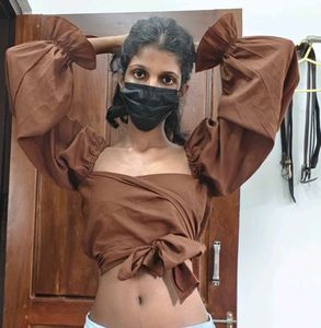 Brown Off-Shoulder Tie-Up Top with Puff Sleeves