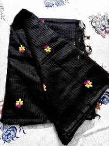 Black Embroidered Kota Saree with Tassels