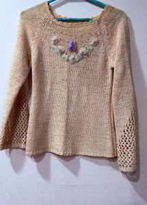 Beige Knit Sweater with Floral Embellishment
