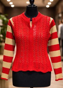 Red &amp; Beige Knitted Cardigan Set