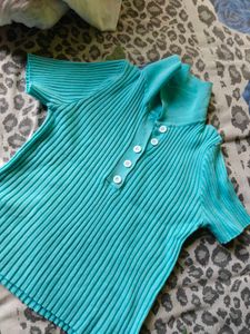 Turquoise Ribbed Collared Top