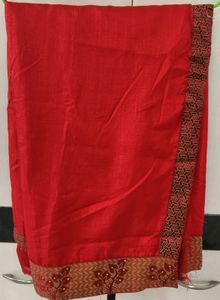 Vibrant Red Silk Saree with Embellished Border