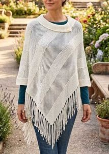 White Knit Poncho with Fringe