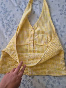 Halter neck cute yellow gingham pattern top