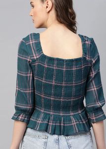 Chic Teal Plaid Smocked Peplum Top