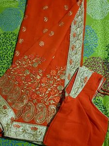 Gorgeous Orange Embroidered Saree With Blouse