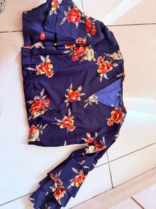 Navy Floral Wrap Top with Ruffled Sleeves