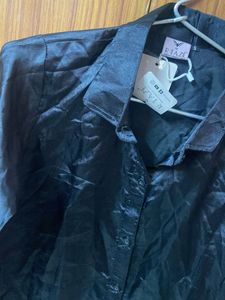 Shiny Black Button-Up Blouse