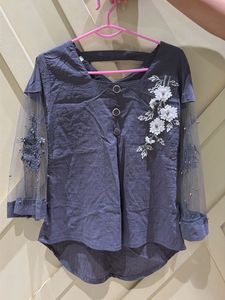 Stylish Grey Top with Net Sleeves