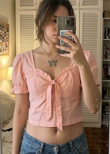 Chic Pink Puff Sleeve Tie Front Top