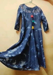 Denim Blue Tie-Dye Maxi Dress with Tassels