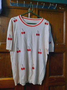 Cute Cherry Embroidered Shimmery Knit Top