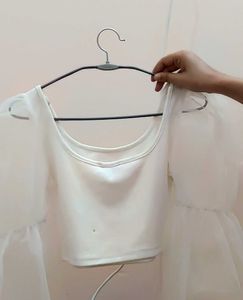 White 🤍 Balloon Sleeve Crop Top Shien