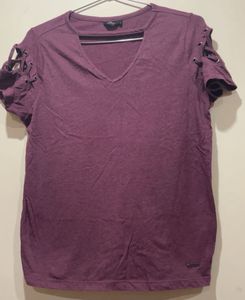 Purple V-Neck Lace-Up Sleeve Top