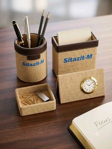 Premium Jute Desk Organizer with Clock