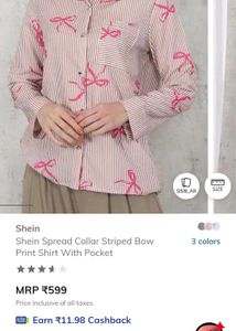 Shein Striped Bow Print Button-Up Shirt