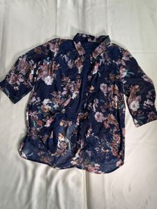 Navy Floral Print Sheer Blouse