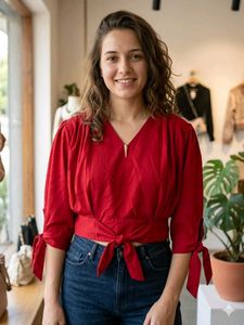 Stylish Red V-Neck Tie-Up Top