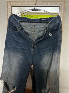 Distressed Blue Wash Wide Leg Jeans