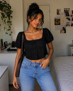 Black Lace Corset Style Puff Sleeve Crop Top 🖤