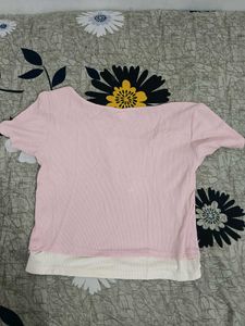 Pink Ribbed Henley Top with Cream Layer