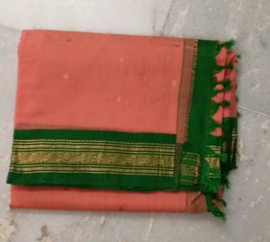 Peach Saree with Green Border &amp; Tassels