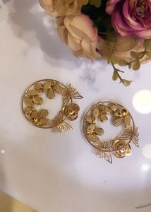 Gold Tone Butterfly &amp; Rose Hoop Earrings