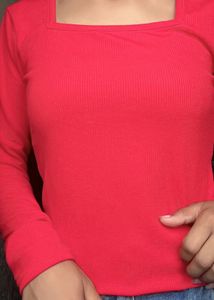 Red Square Neck Long Sleeve Top