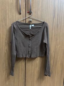 Brown Ribbed Cropped Long Sleeve Top