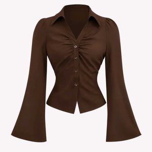 Chic Brown Flared Sleeve Blouse