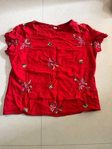 Red Embroidered Short Sleeve Top