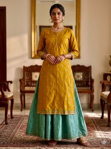 Elegant Yellow Kurta with Teal Skirt Set