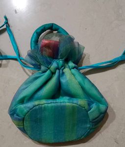 Teal Striped Drawstring Pouch