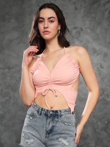 Y2k Pink butterfly Neck Back Tie Crop Top