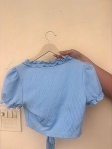 SHEIN Blue Ruffled Tie-Front Crop Top