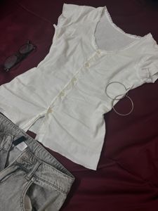 White Button-Up Blouse with Lace Trim