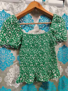 Bershka Green Floral Smocked Crop Top
