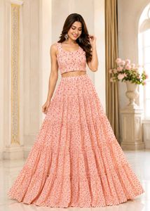 Peach Floral Tiered Lehenga Set