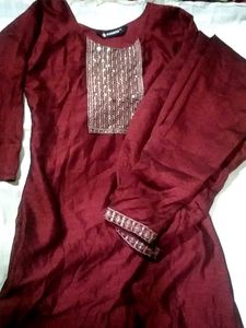 Maroon Kurta Set with Embellished Neckline