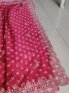 Beautiful Pink Saree with Intricate White Embroide