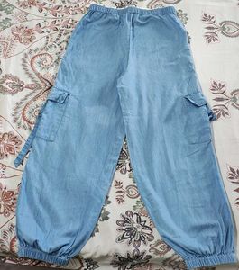 Blue Cargo Pants with Side Stripes