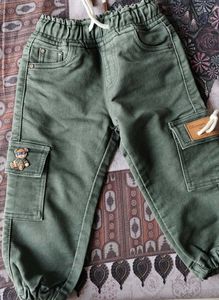 Stylish Green Cargo Pants with Bear Applique