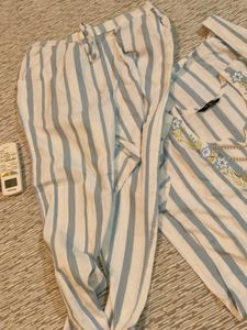 Cotton white and Blue striped kurta set