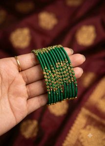 Green Silk Thread Bangles with Gold Beads set of 1