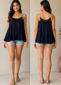 Navy Blue Embellished Strap Tank Top